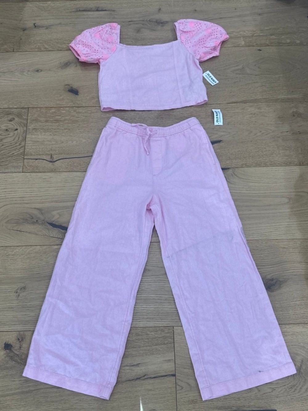 Old navy linen blend set pink matching puff sleeve 10 NWT